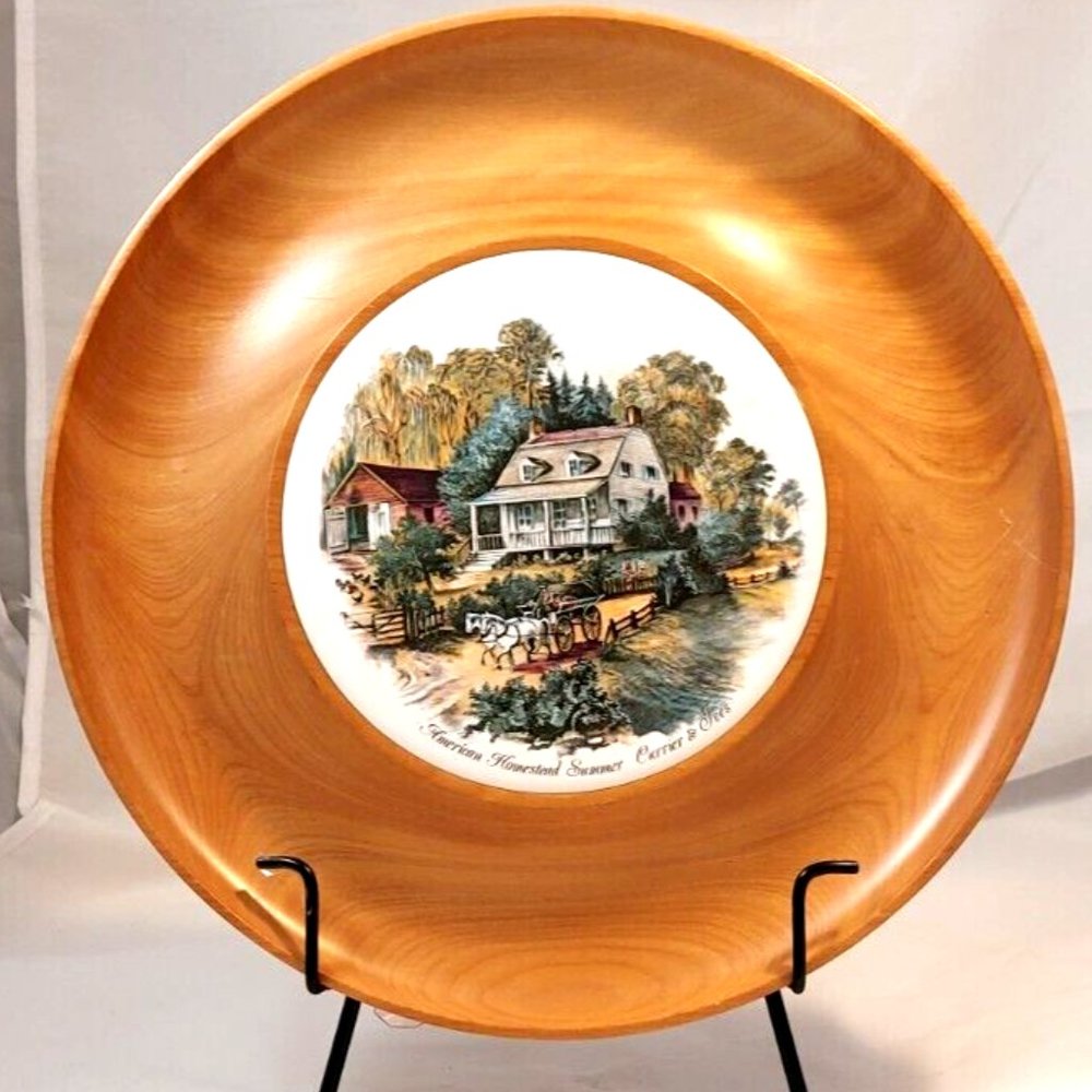 Wooden cheese tray Currier & Ives insert Woodbury Woodware of Shelburne VT vtg